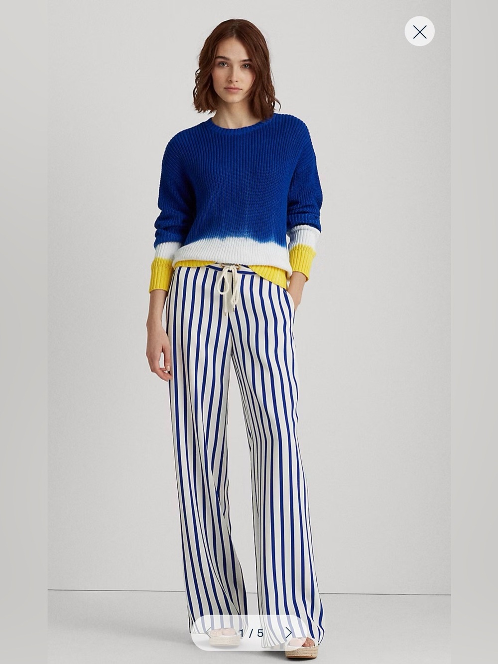 Lauren Ralph Lauren Blue White Yellow Colorblock Cotton Knit Sweater Size Small